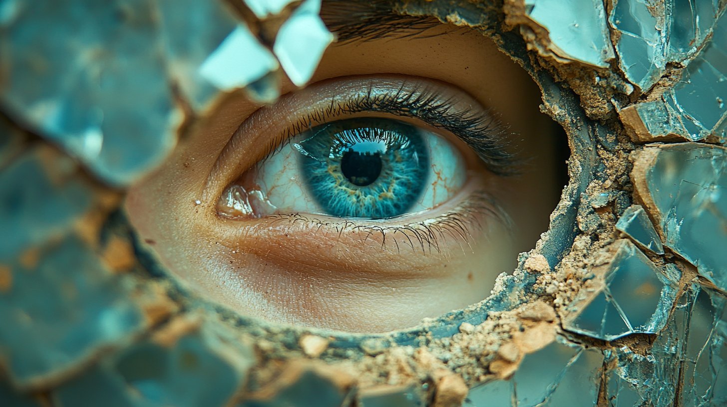 Uno specchio rotto riflette un volto preoccupato.