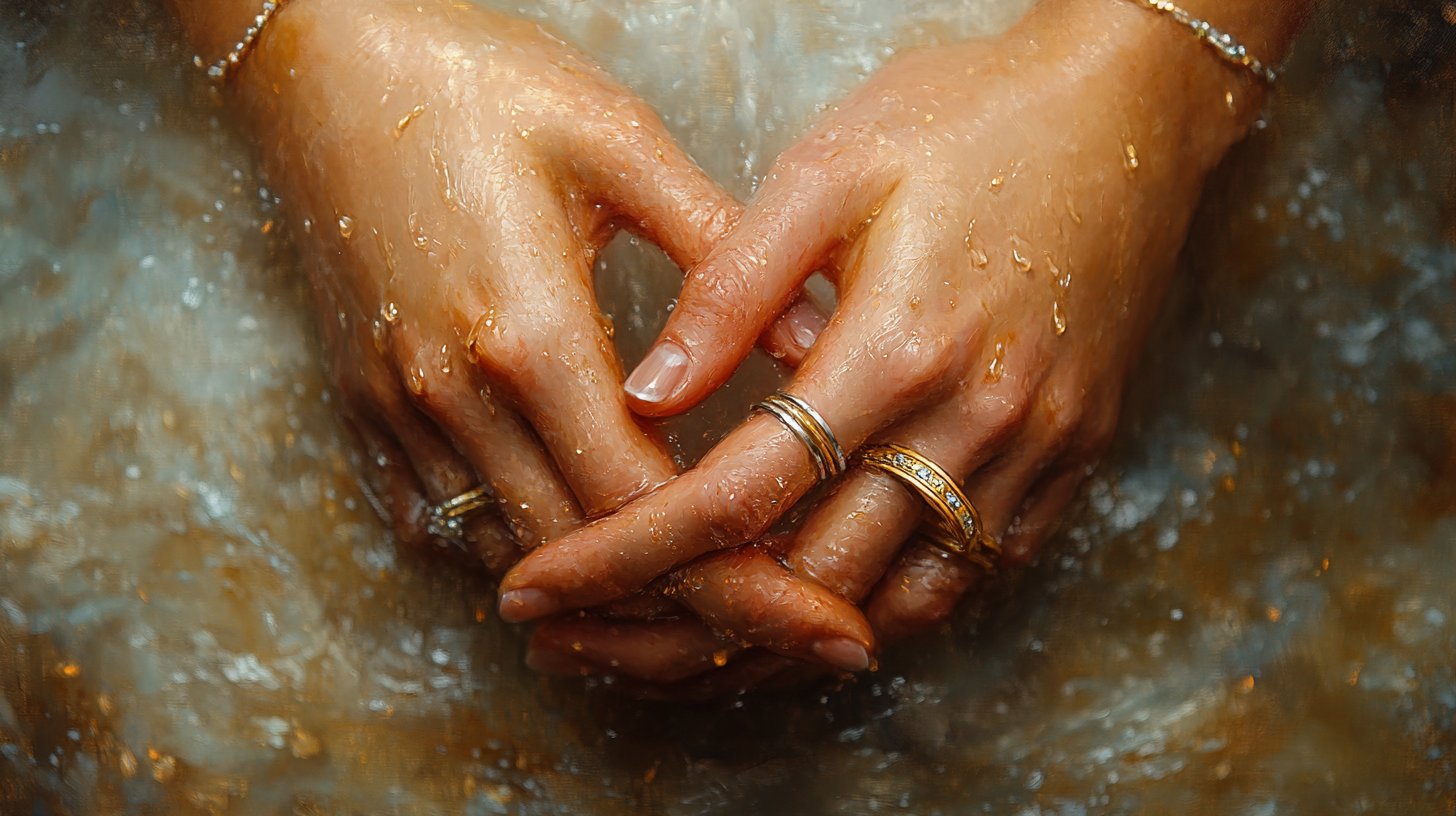 Legame eterno attraverso mani intrecciate e anelli.