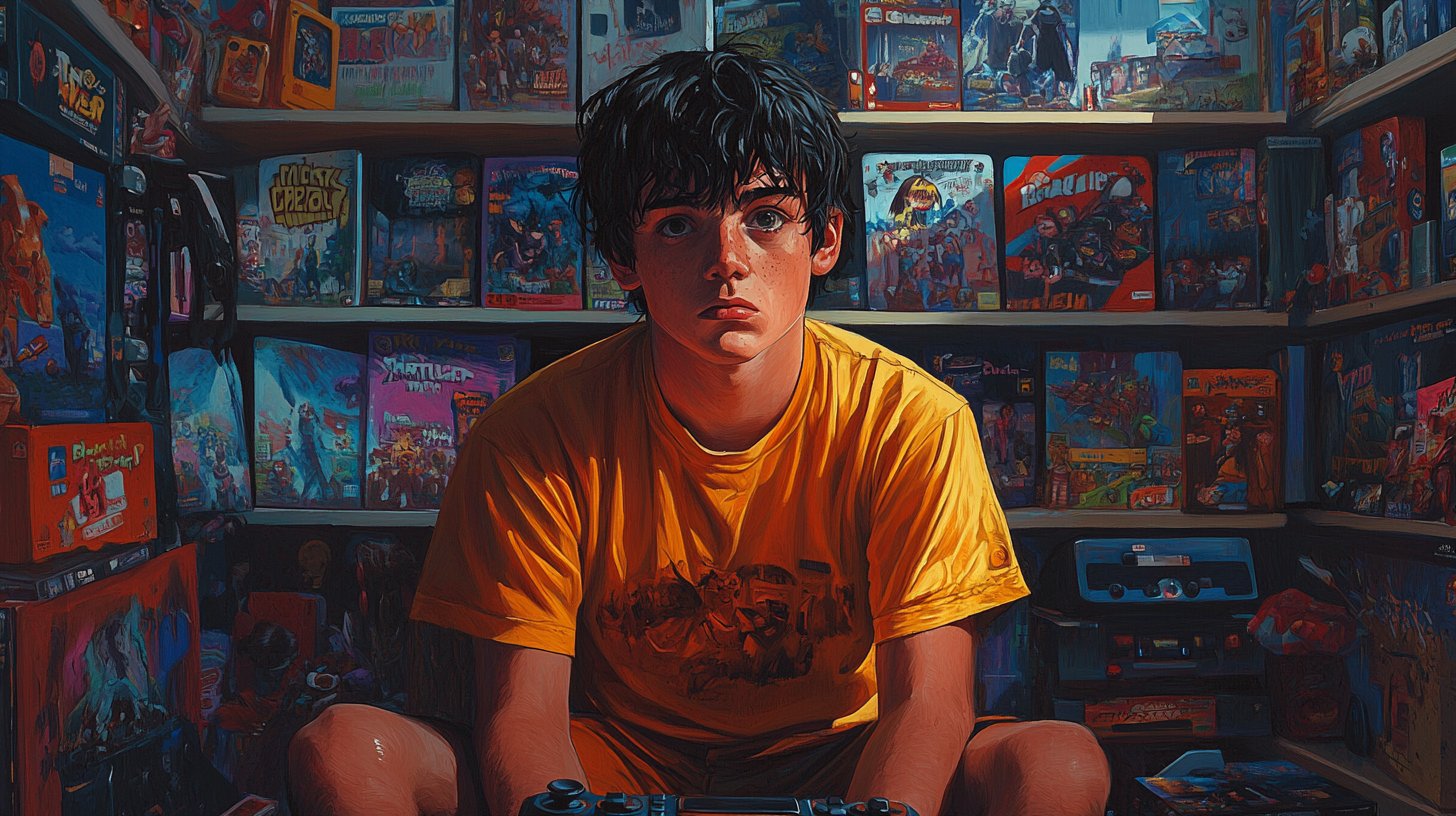 Un joven rodeado de juguetes parece juguetón pero perdido.