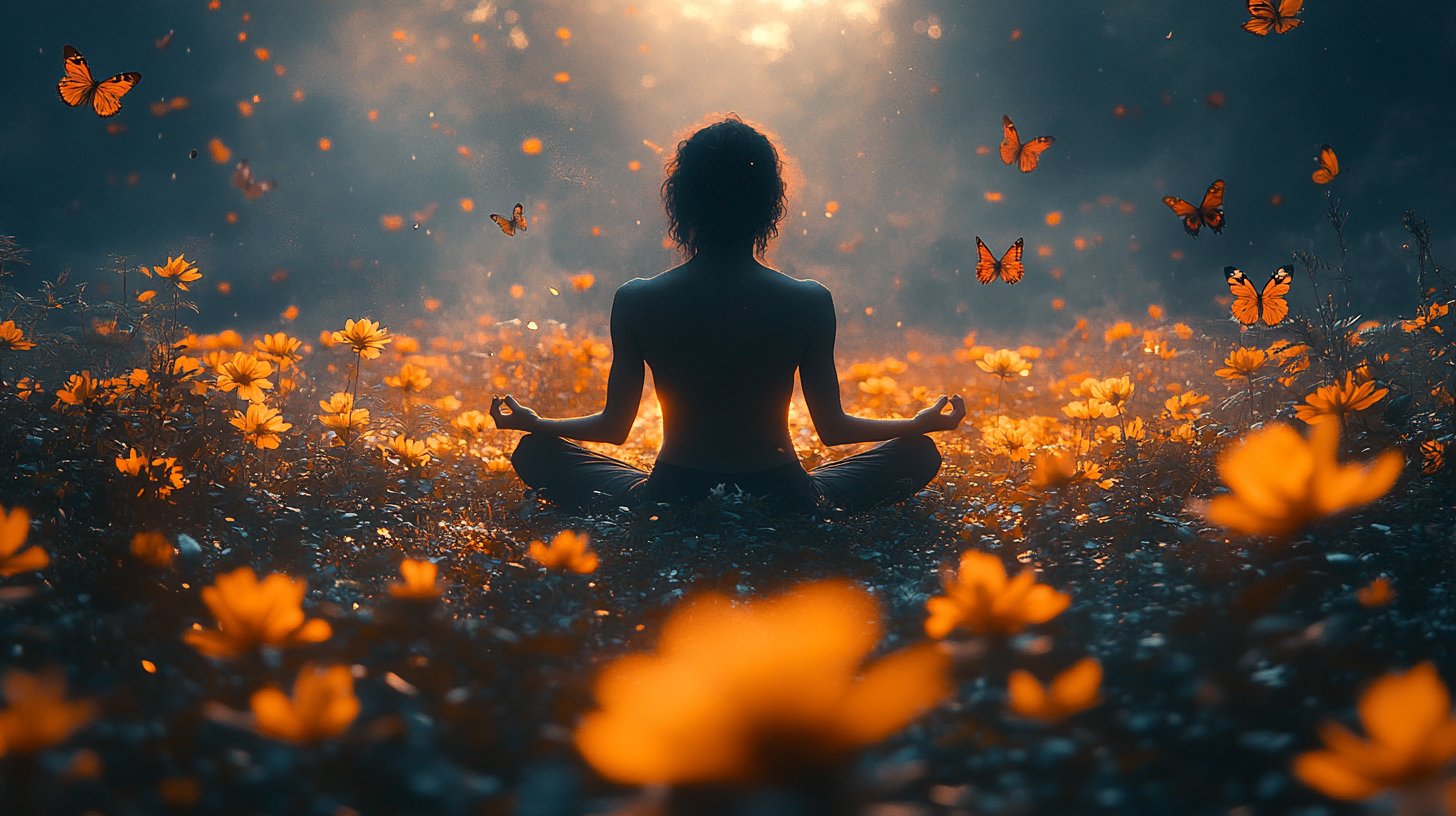 Eine Person meditiert im blühenden Garten.