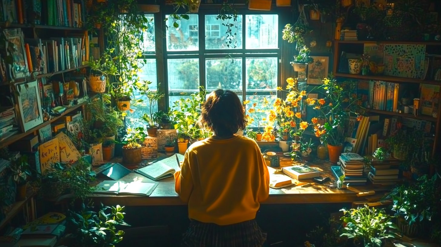 Ein gemütlicher Raum mit Pflanzen, wo eine Person journalisiert.