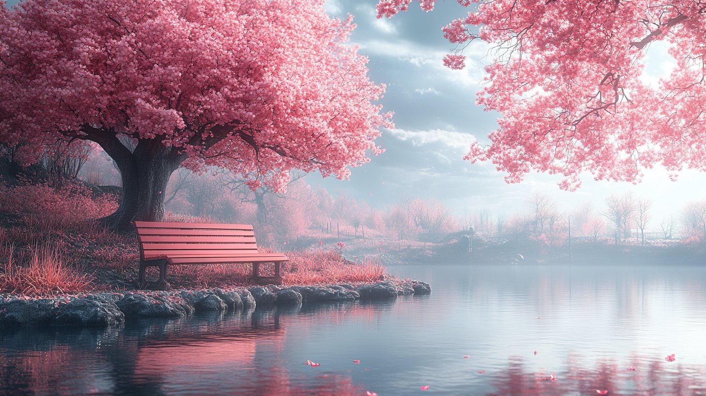 Una panca vuota sotto un ciliegio in fiore evoca riflessione.