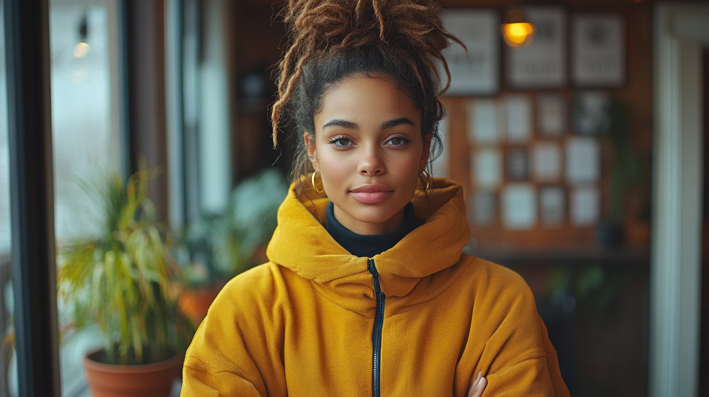 Una persona sicura si guarda allo specchio e irradia positività.