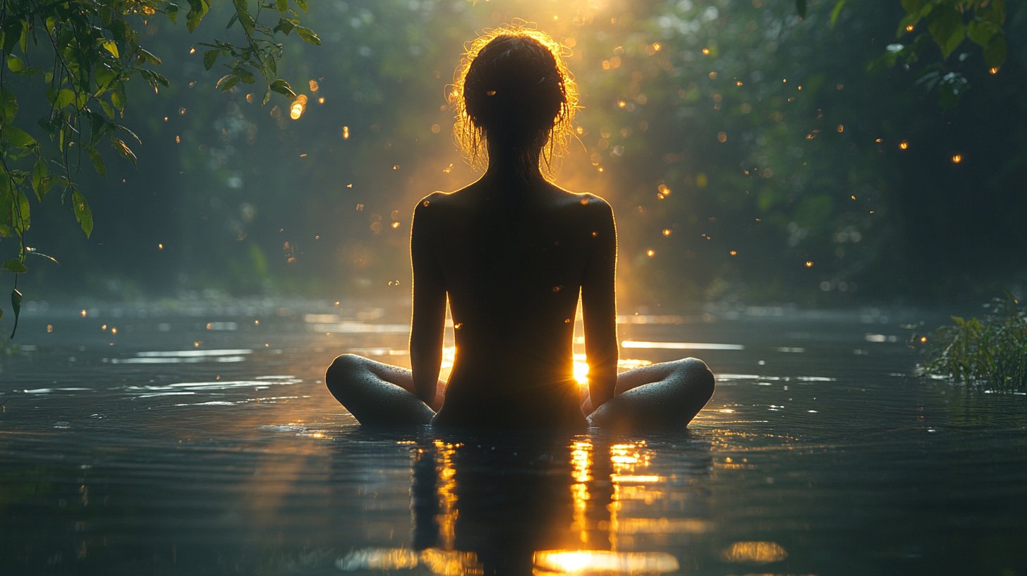 Eine nachdenkliche Person in der Natur, umgeben von sanftem Licht.