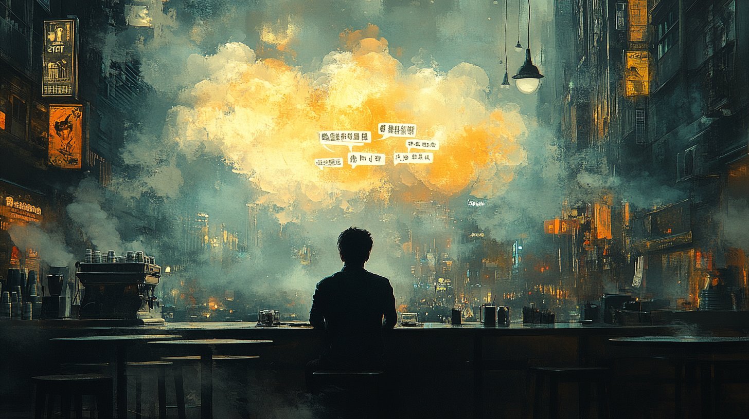 Un hombre está solo en una cafetería y parece apático.