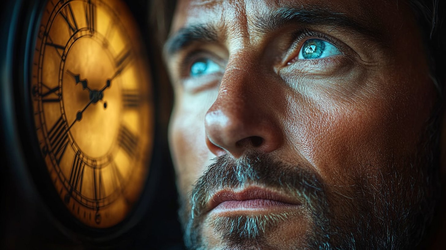 Ein Mann schaut weg, während die Uhr still tickt, symbolisiert Einsamkeit.