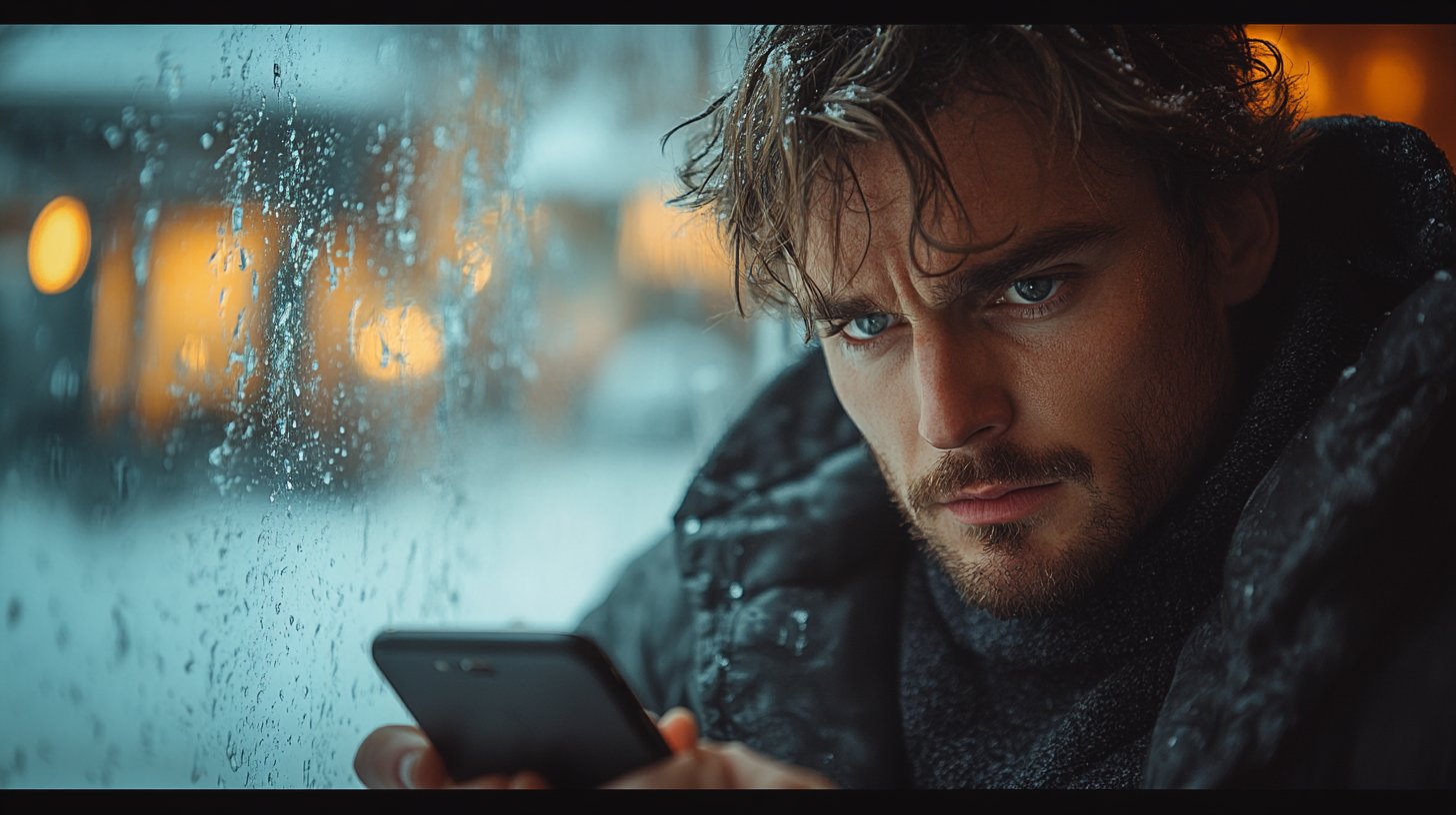 Nahaufnahme eines Handys mit ungelesenen Nachrichten und einem frustrierten Mann.