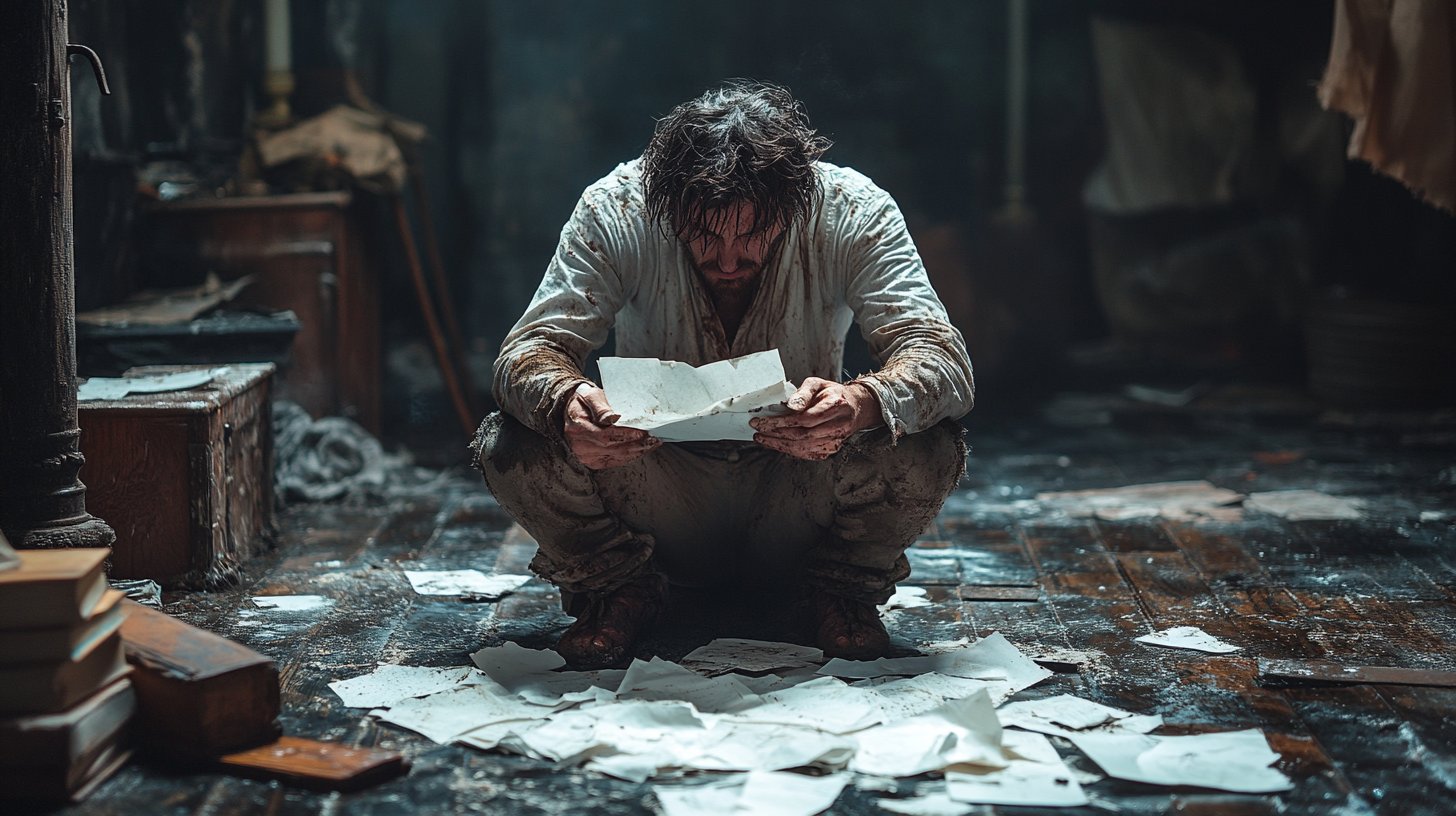 Ein trauriger Mann hört harte Worte, umgeben von zerknülltem Papier.