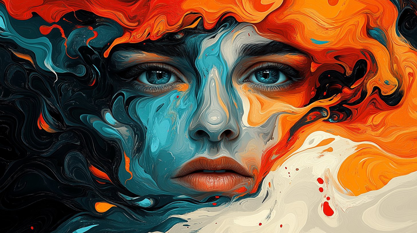 Ausdrucksvolles Gesicht zeigt Frustration inmitten wirbelnder Farben.