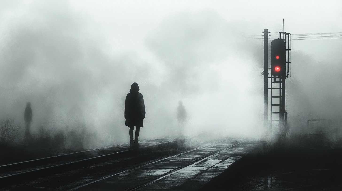 Ein Individuum an einer Weggabelung, umgeben von Nebel und Schatten.