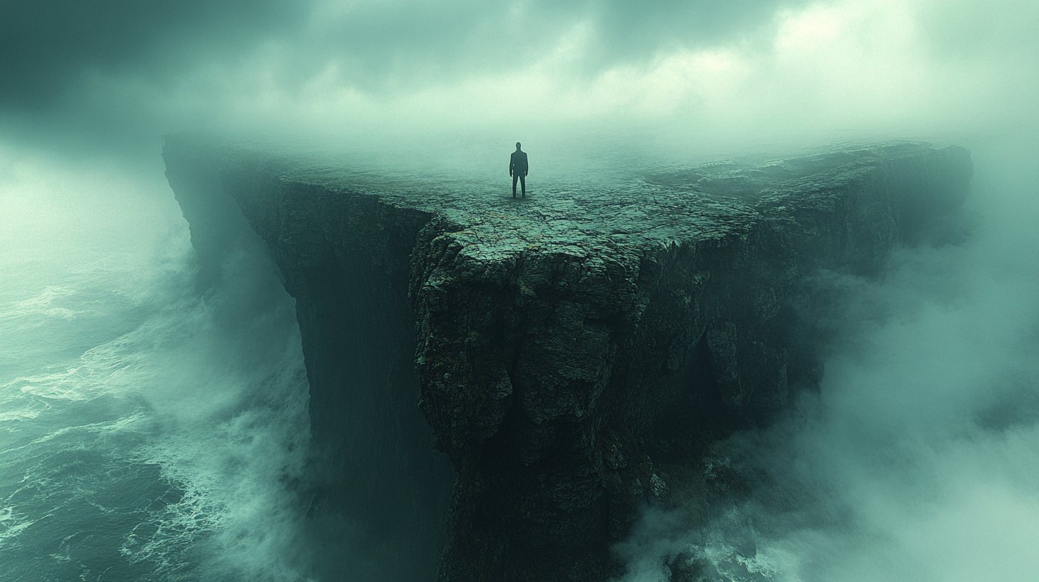 Eine Person am Rand einer Klippe, blickt in die Weite, konfrontiert mit Ängsten.