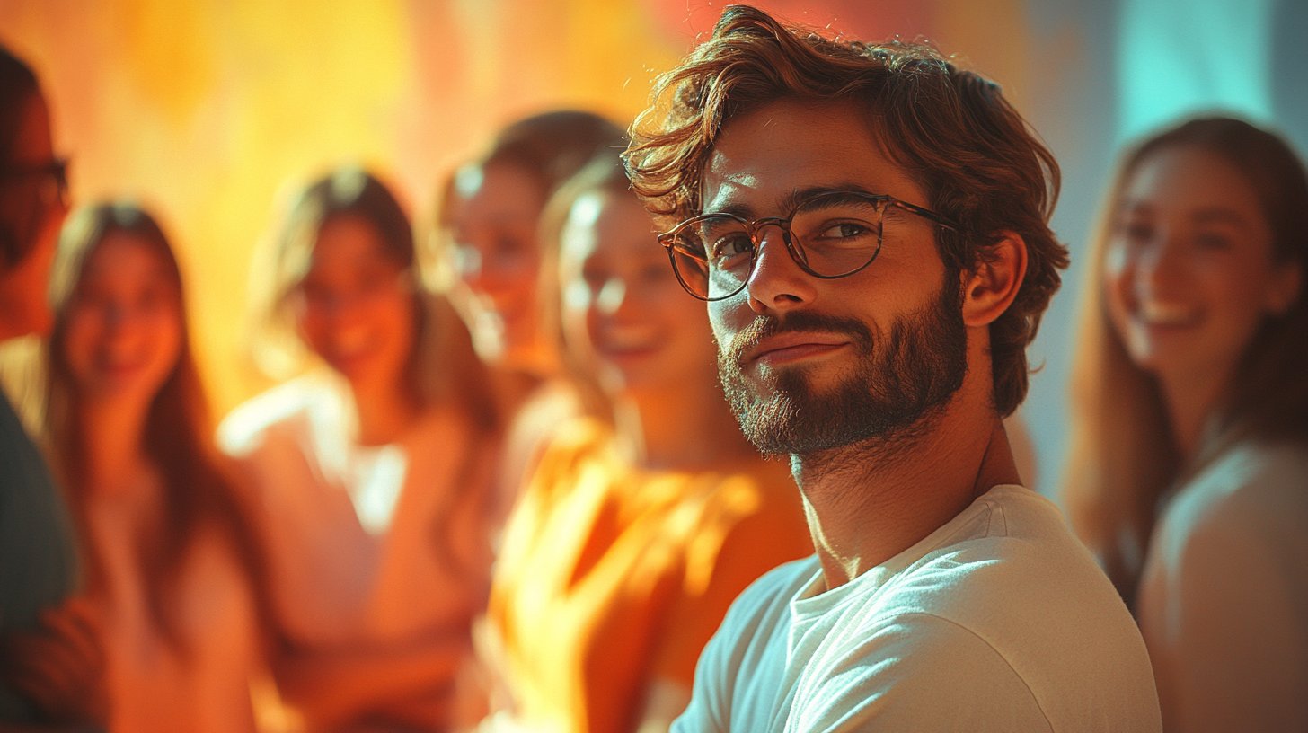 Un hombre titubeante se queda al borde de una reunión acogedora.