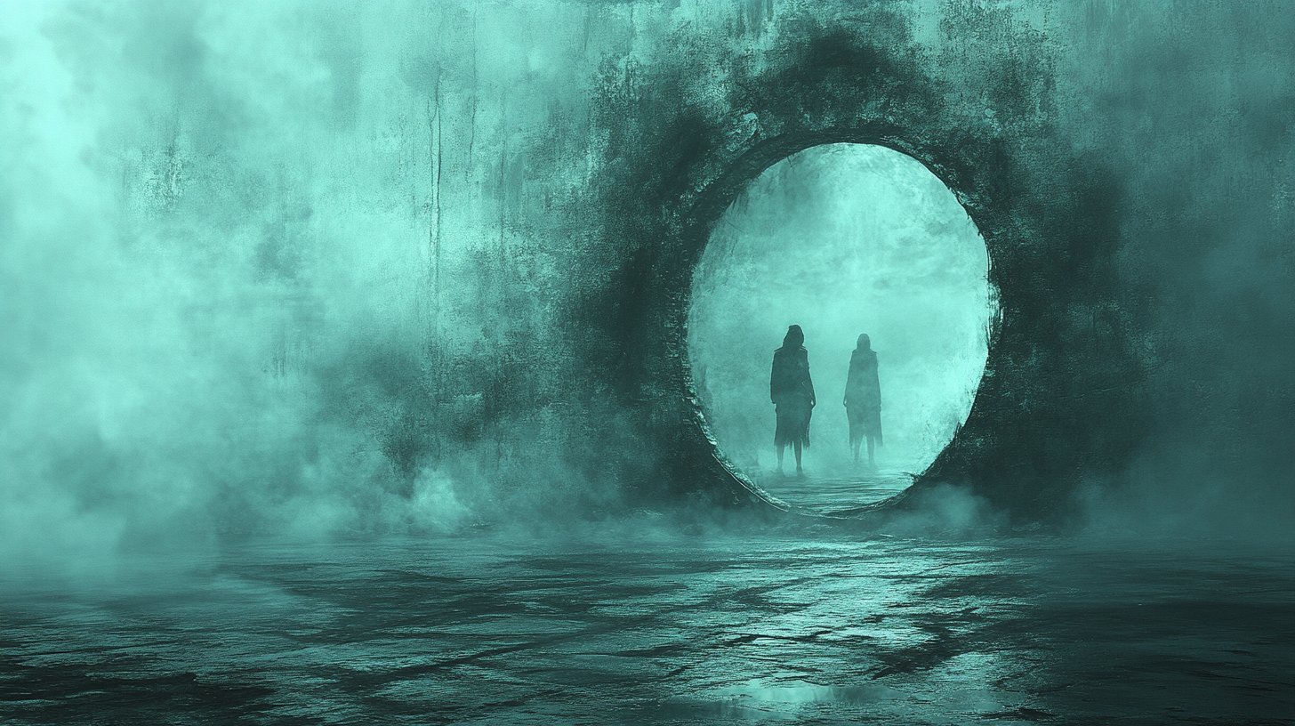 Una representación surrealista de un espejo que refleja realidades distorsionadas, rodeado de figuras sombrías, ilustrando el concepto de gaslighting.