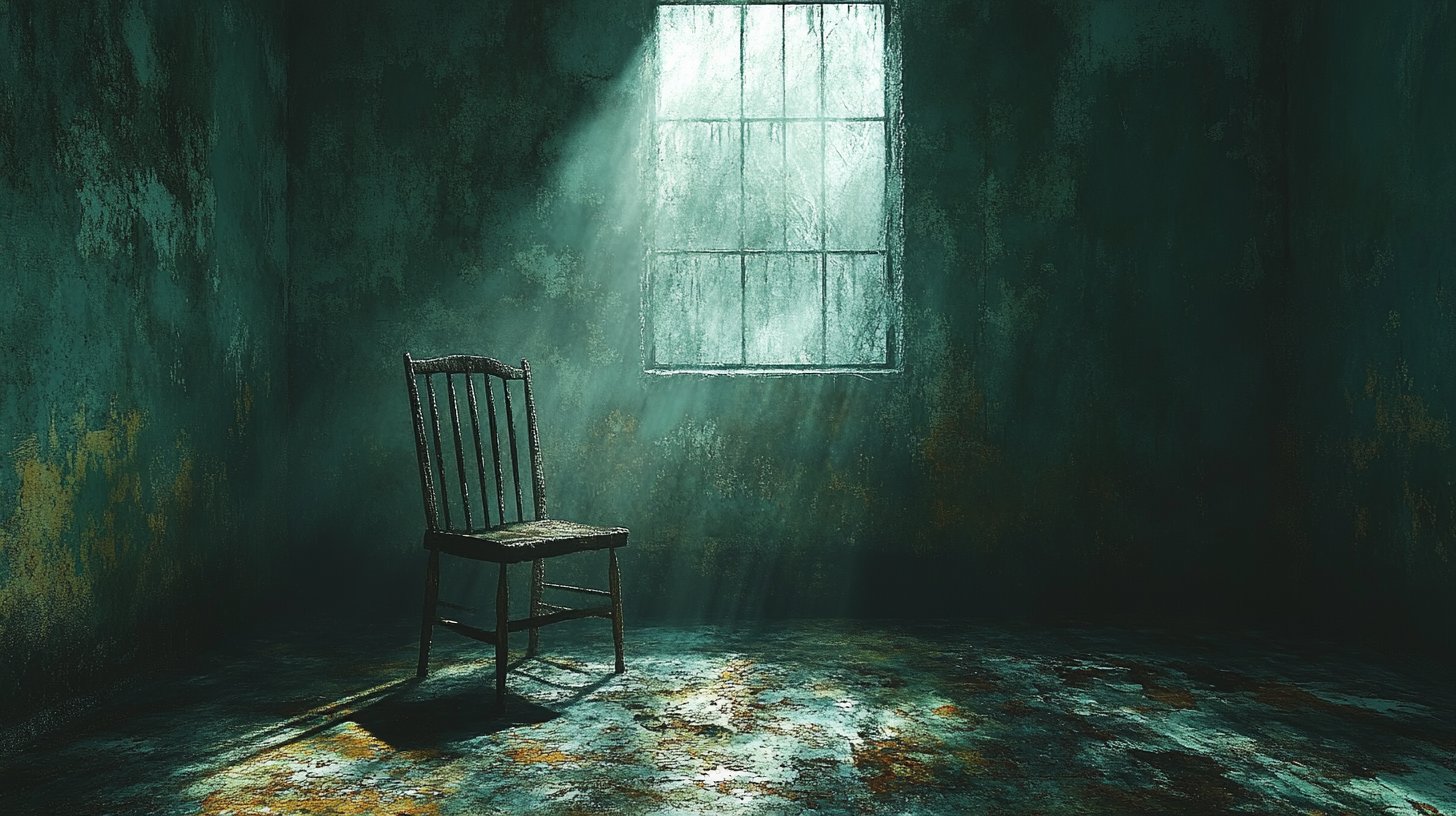 Una ilustración de una habitación vacía con una silla solitaria en luz tenue, sugiriendo aislamiento y el tratamiento silencioso.