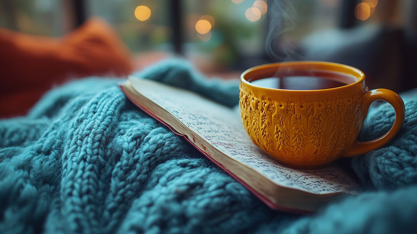Une personne écrivant ses émotions dans une pièce confortable avec du thé.