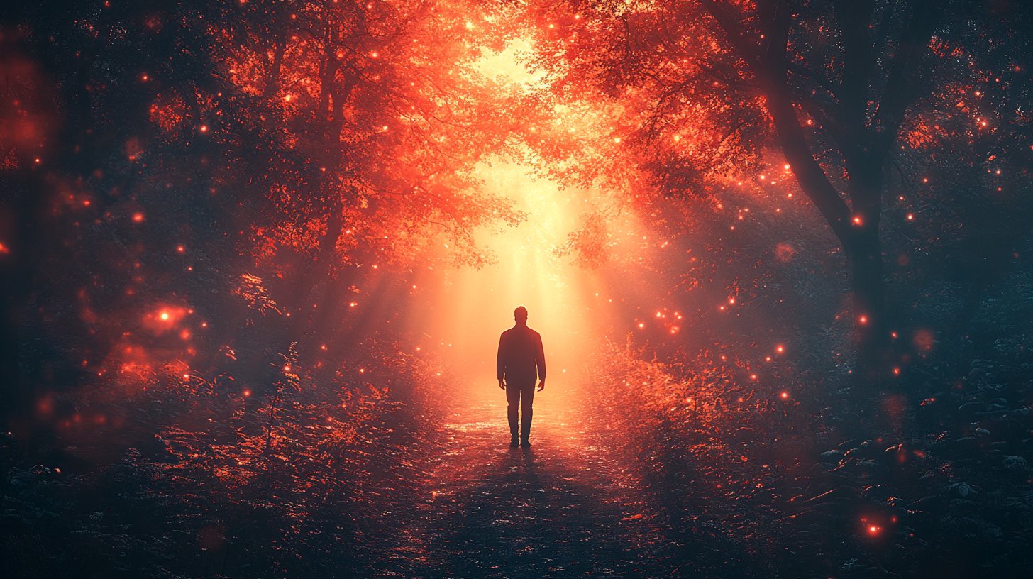 Un hombre contemplativo de pie en una encrucijada en la naturaleza.