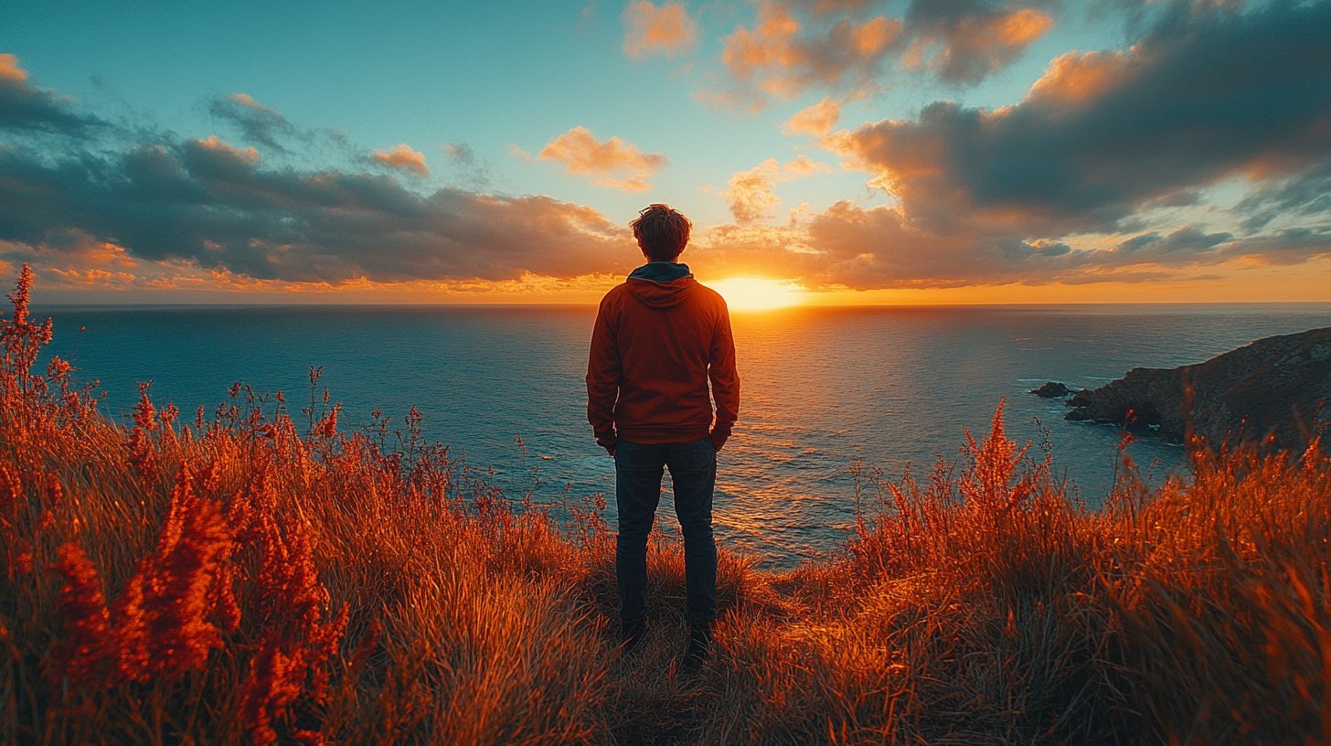 Ein nachdenklicher Mann schaut auf einen Sonnenuntergang.