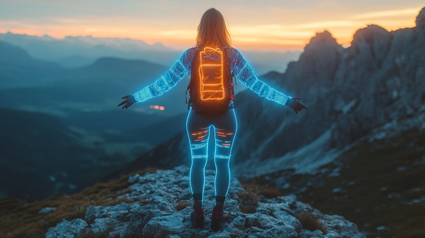 Eine starke Frau steht selbstbewusst auf einem Berggipfel.