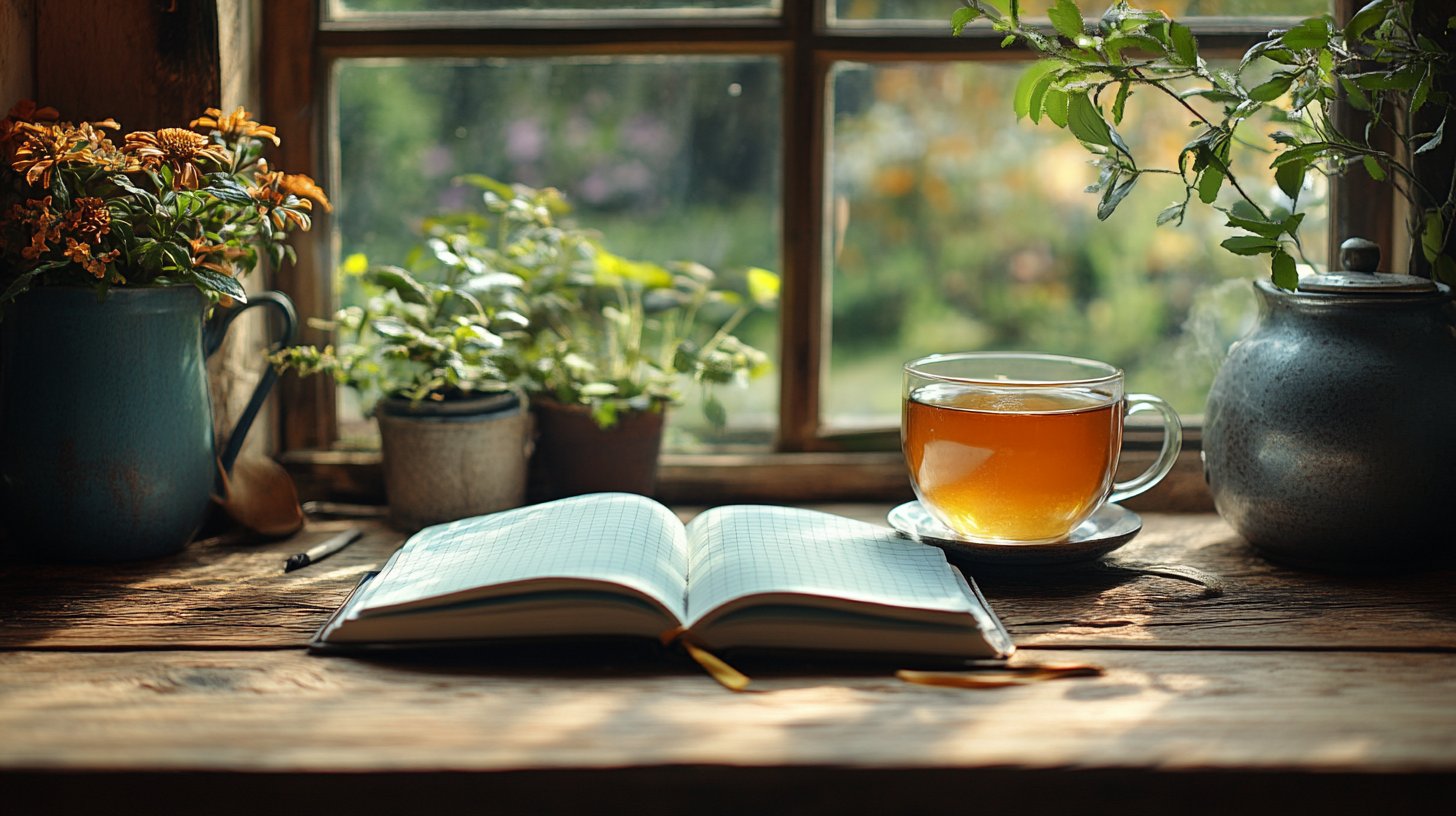 Ein offenes Notizbuch neben einer Tasse Tee im Sonnenlicht.