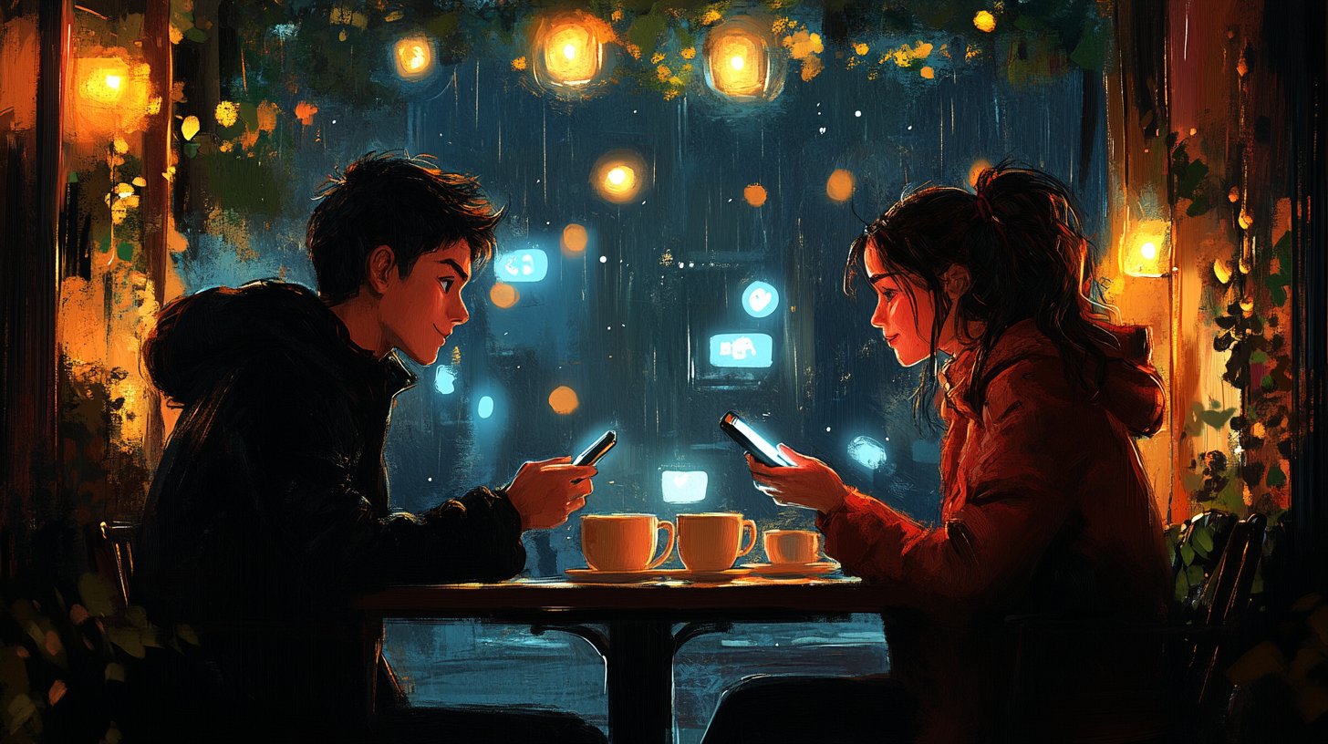 Ein gemütliches Café mit zwei Personen am Tisch, die auf ihre Telefone schauen, anstatt zu sprechen.