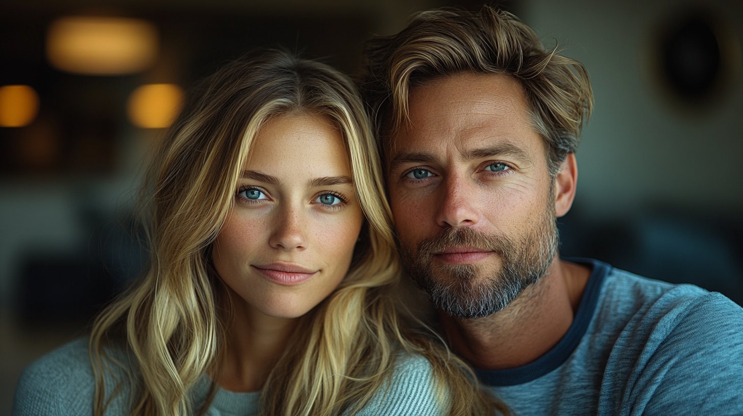 Ein Paar sitzt in einem Wohnzimmer nebeneinander, führt eine gezwungene Unterhaltung mit unbehaglicher Körpersprache.