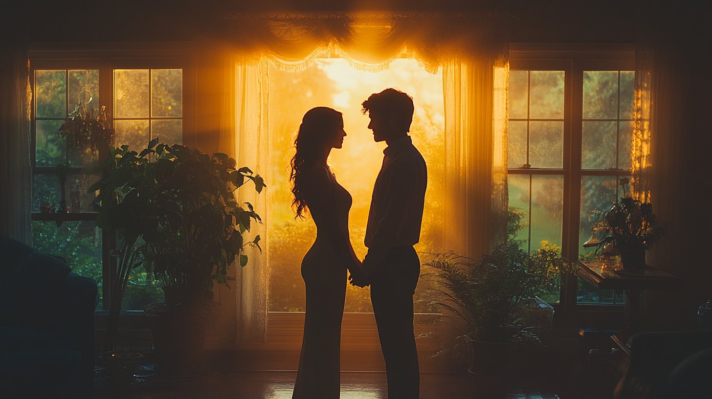 Ein Paar steht in einem schön dekorierten Raum weit auseinander, ihre Körperhaltung zeigt Unbehagen.