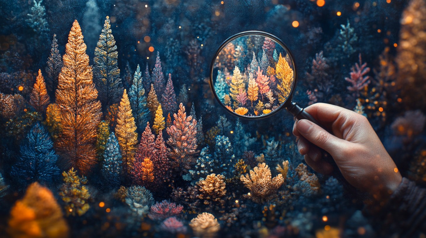 Eine fantasievolle Darstellung eines neugierigen Individuums, das mit einer Lupe eine Welt voller faszinierender Entdeckungen betrachtet.