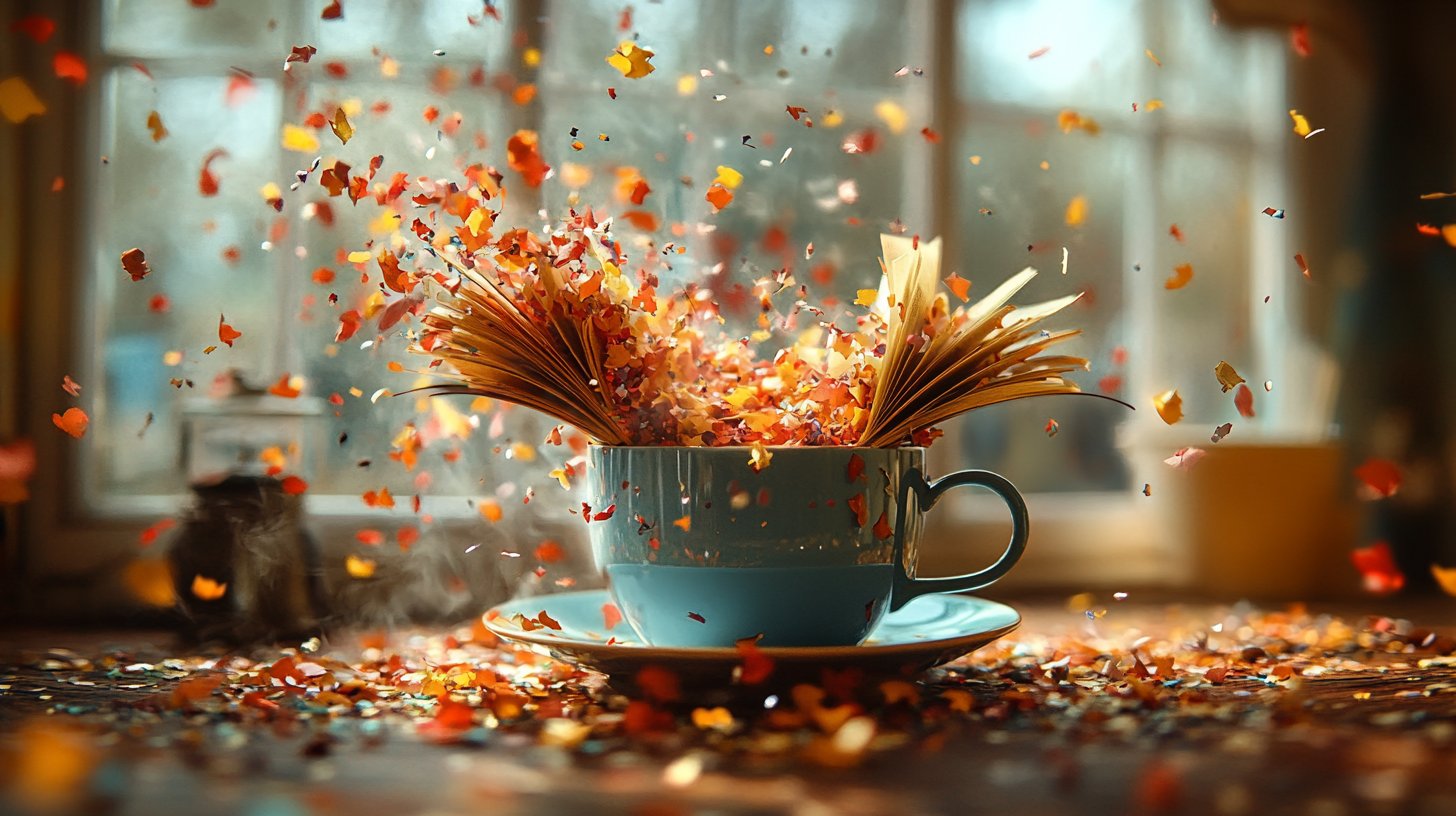 Eine überraschende Szene, in der Alltagsgegenstände zu fantasievollen Wesen werden, wie Bücher mit Flügeln oder Kaffeetassen, die mit Konfetti überquellen.