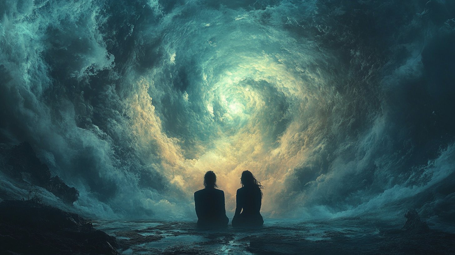 Mancanza di comunicazione: due persone schiena contro schiena tra le nuvole.