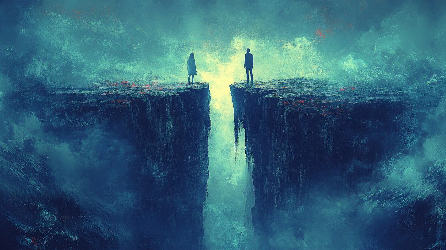 Distanza emotiva: una coppia ai lati opposti di un dirupo.