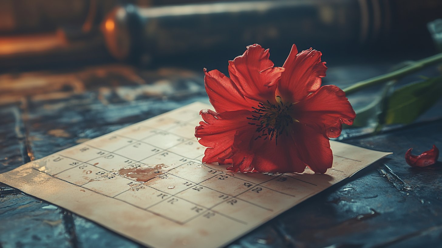 Un calendario con date vuote e un fiore appassito rappresenta la trascuratezza.
