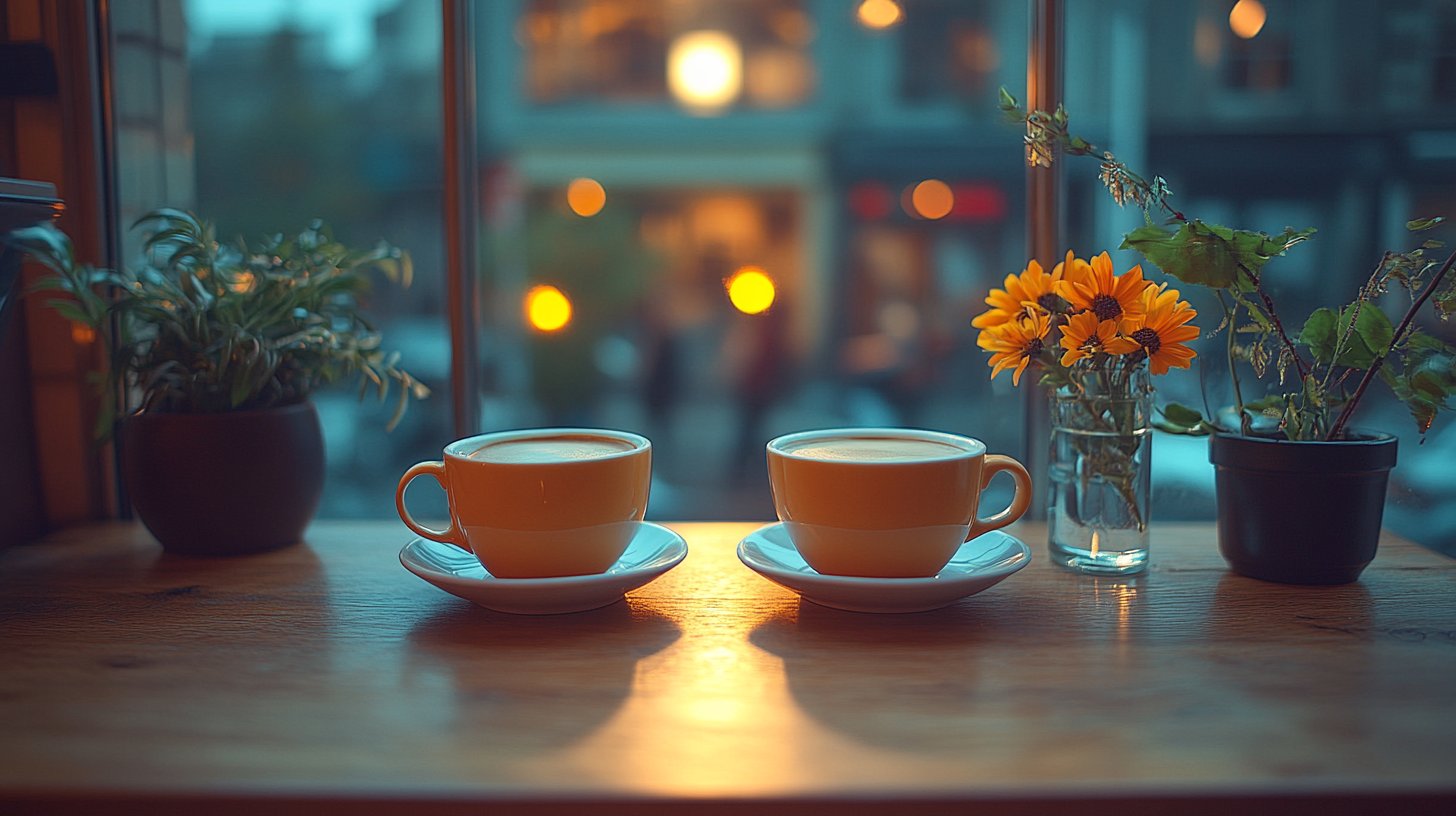 Gros plan sur deux tasses de café, l'une à moitié vide et l'autre intacte.