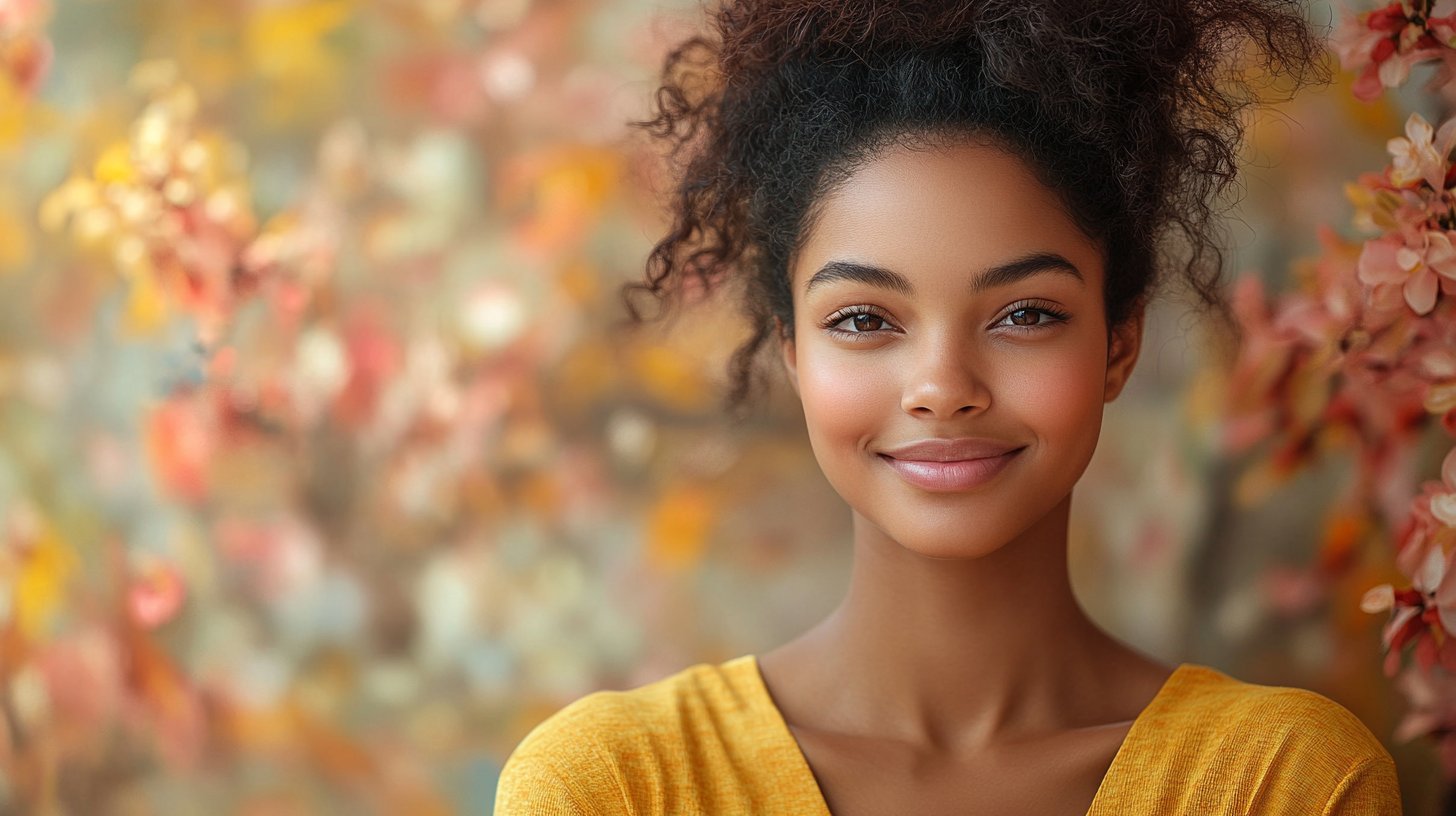 A confident woman radiates self-assurance with a bright smile and inspiring posture.