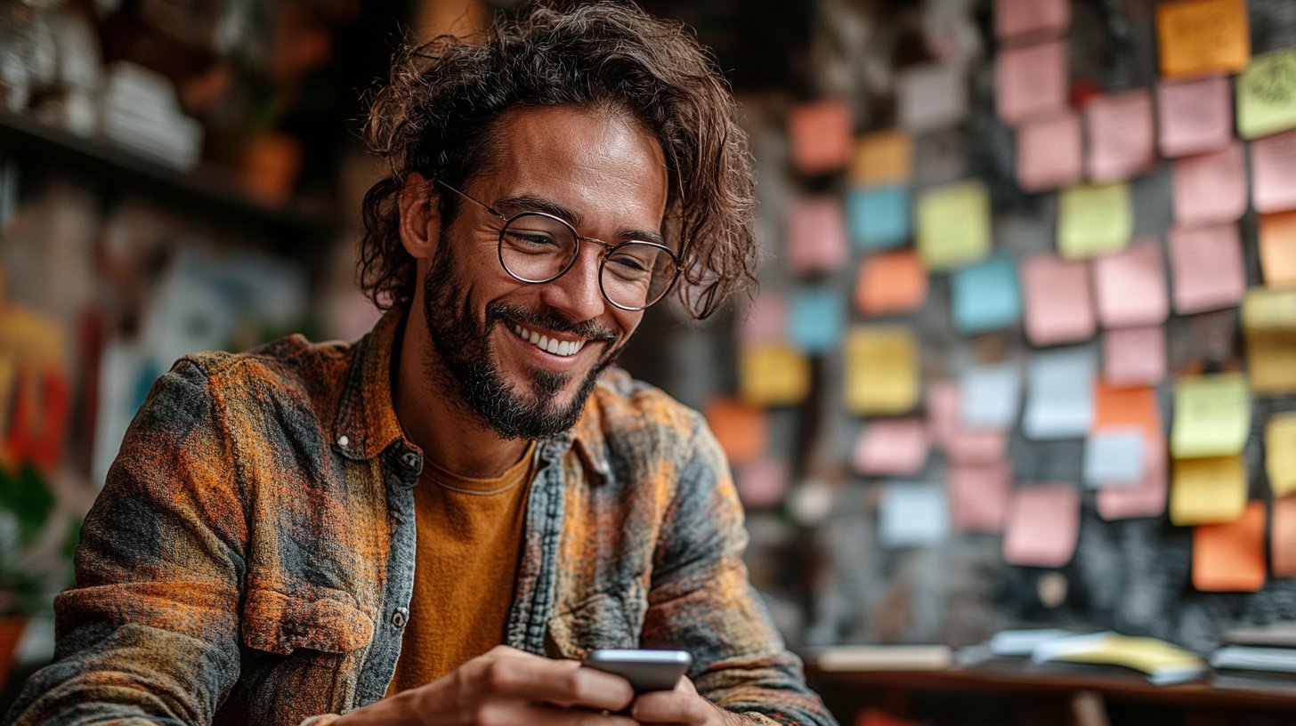 Eine begeisterte Person, die auf ihrem Smartphone Nachrichten beantwortet.