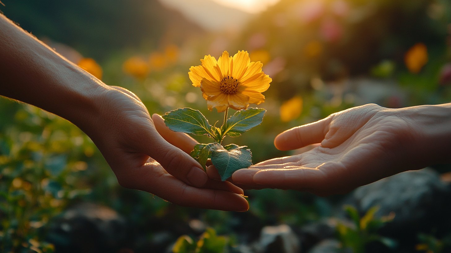Un primo piano di mani intrecciate, una tiene un fiore piccolo.