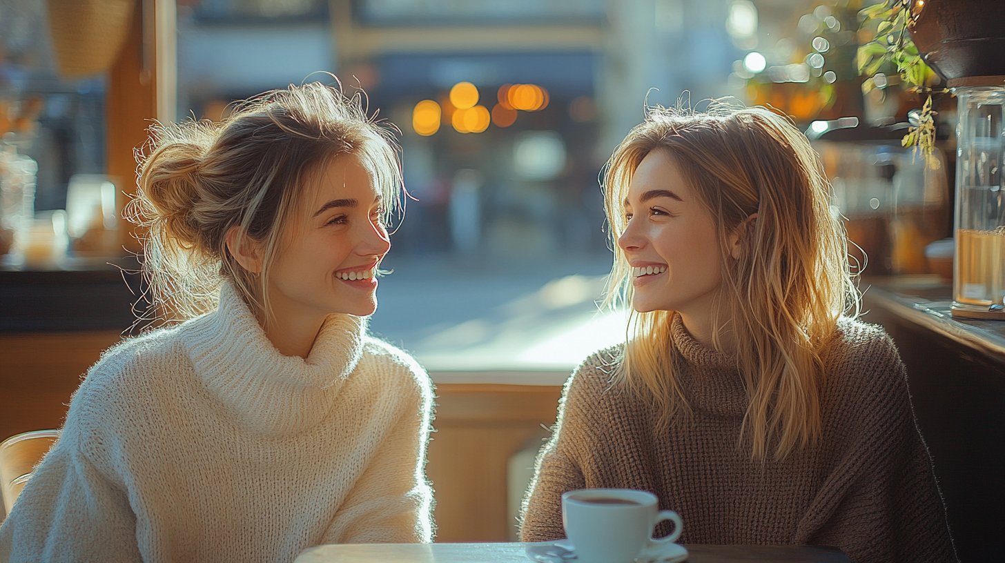 Due amici ridono e condividono un caffè in un caffè illuminato dal sole.