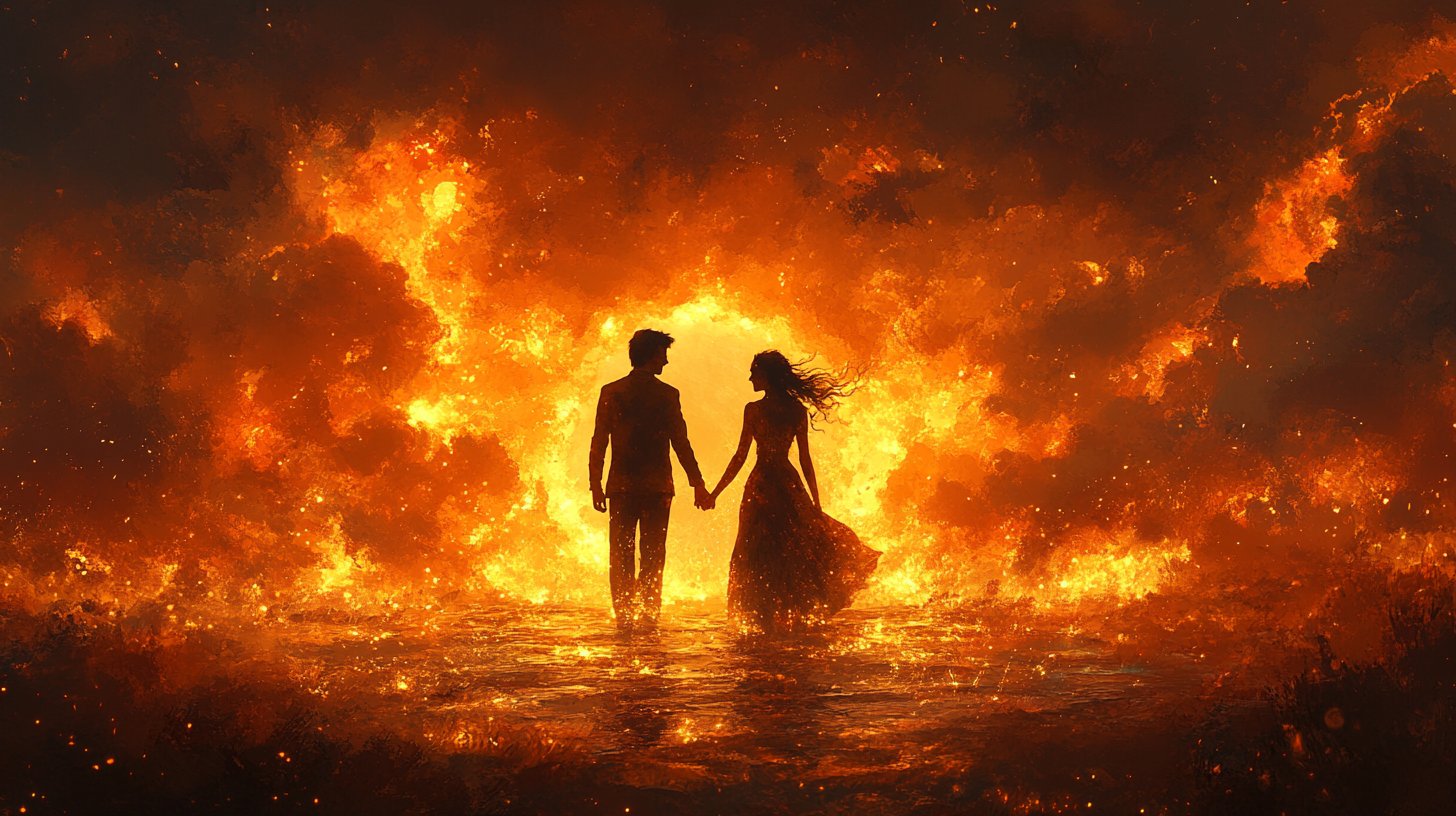 Ein Paar hält Hände vor einem stürmischen Hintergrund.