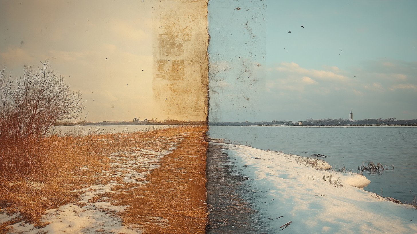 Ein geteiltes Bild zeigt Nostalgie und Ruhe, symbolisiert den Blick zurück und das Vorwärtsgehen.