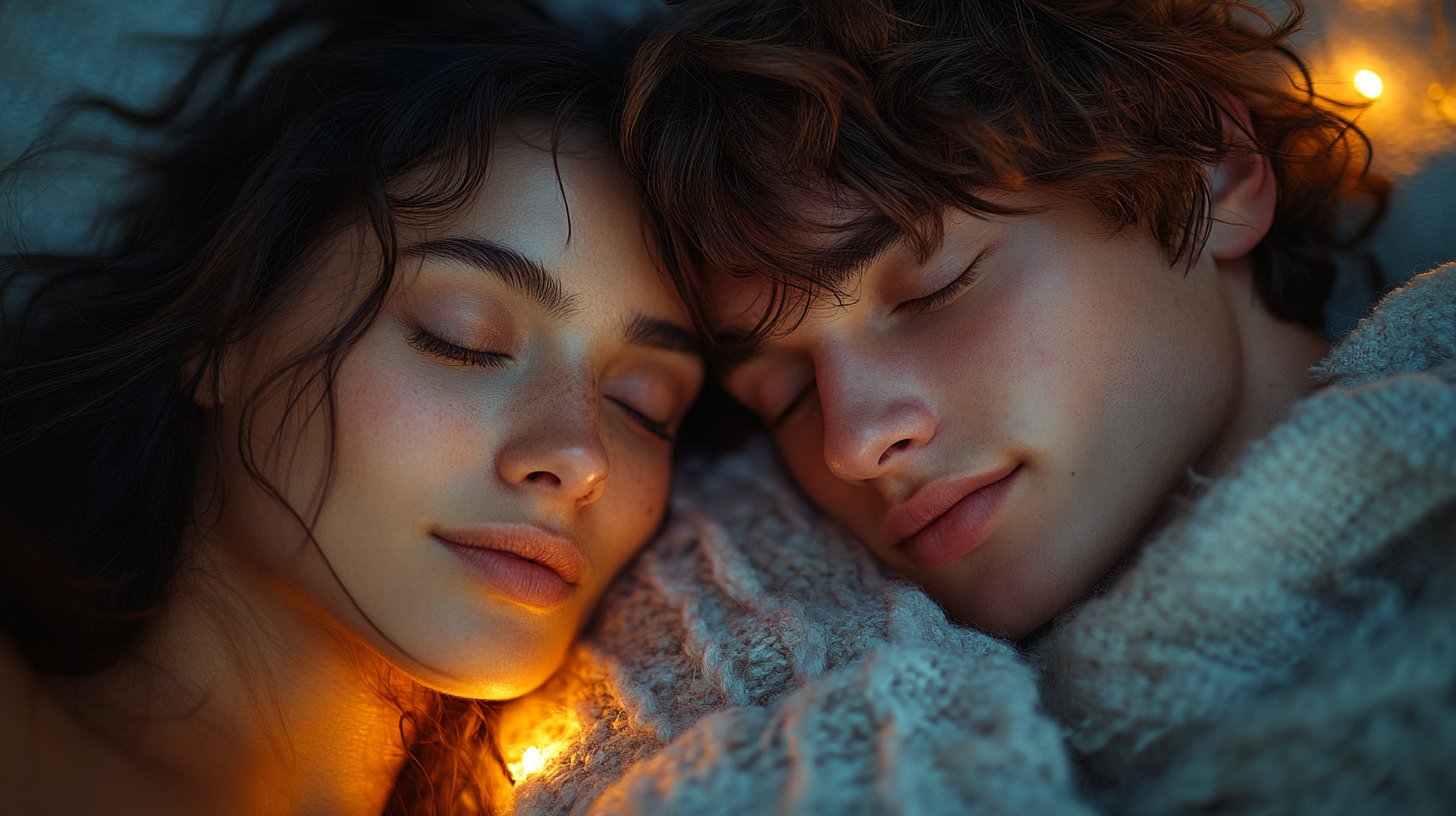 Uno sguardo tenero tra due persone su una coperta.