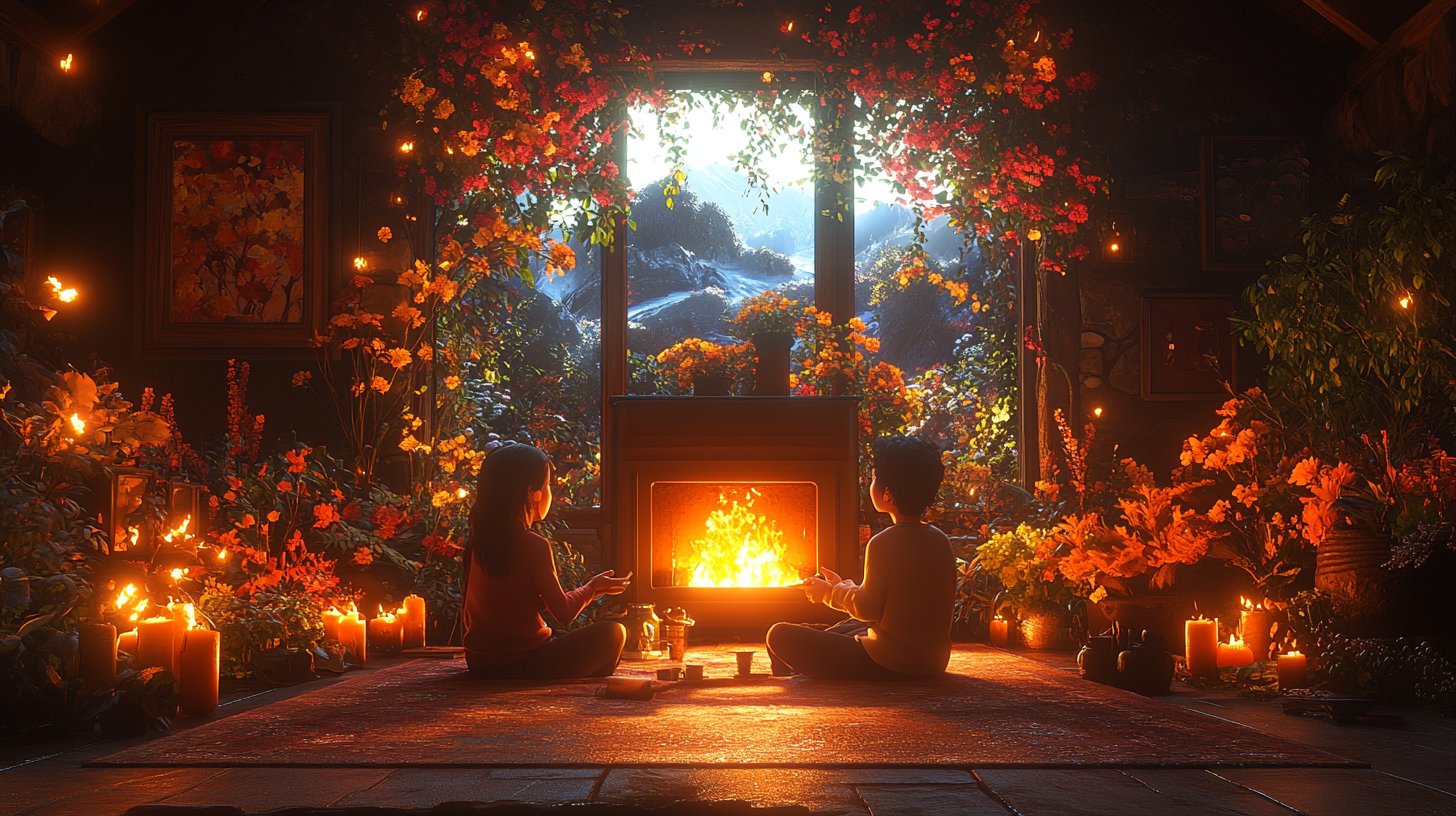 Eine warme Szene von zwei Freunden am Kamin bei ehrlichen Geschichten.