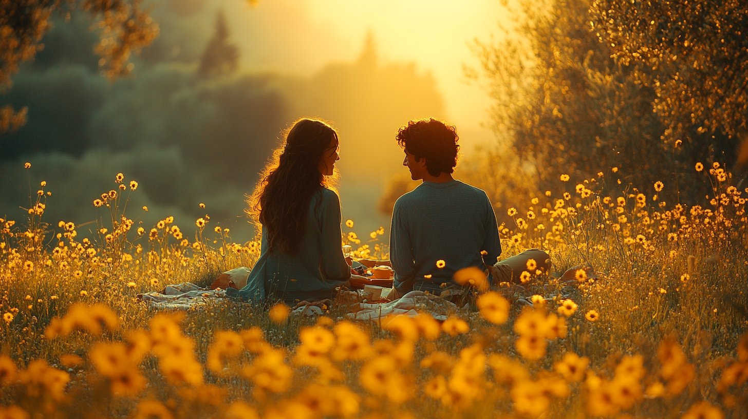 Ein zärtlicher Moment zwischen einem Paar bei einem Sonnenuntergang-Picknick.