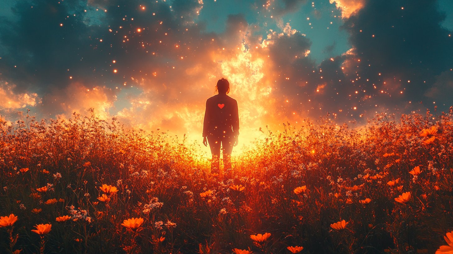 A person standing tall with hands on heart, surrounded by nature.