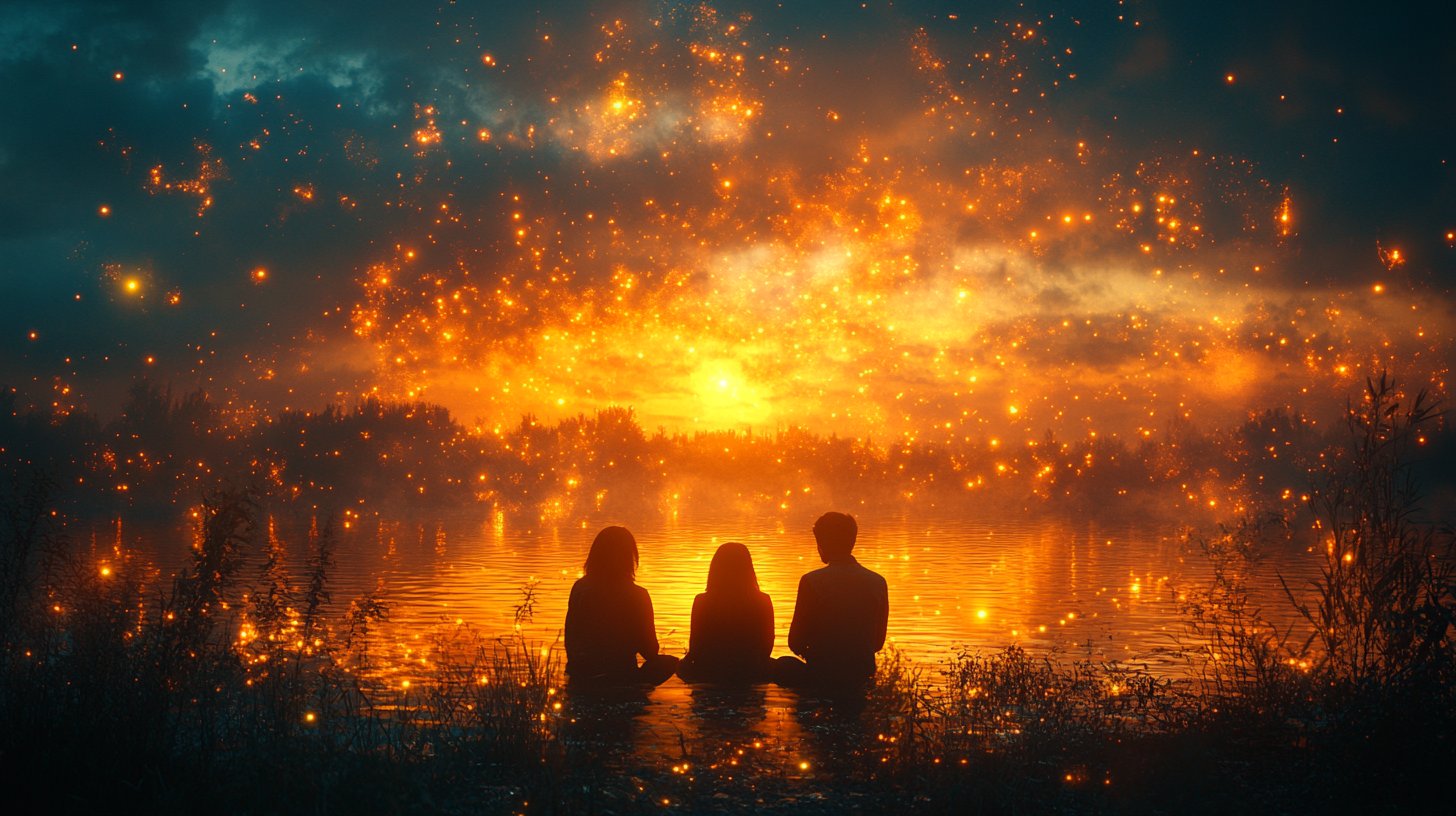 Two people engaged in deep conversation under soft, glowing light.