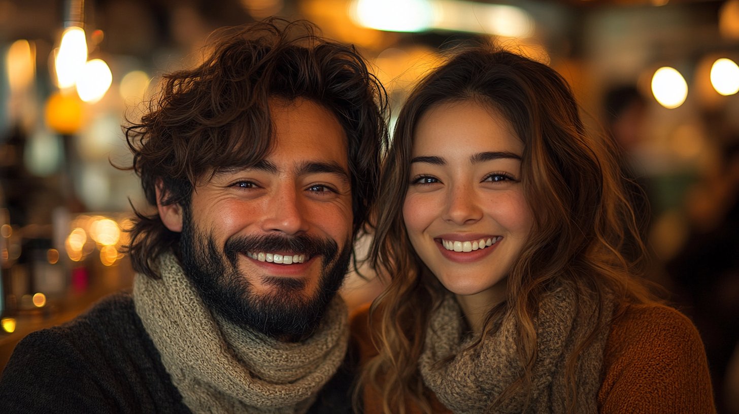A candid laugh of a couple in a cozy café ambiance.