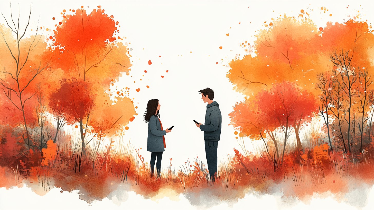 A couple having a heartfelt conversation in a serene park.