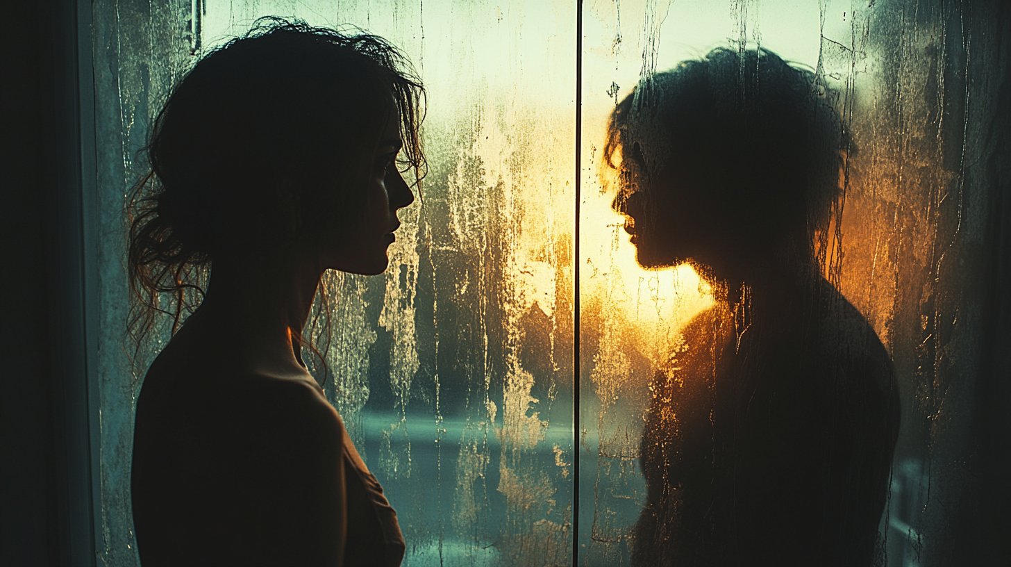 Una persona solitaria mira por la ventana mientras su pareja está distraída.