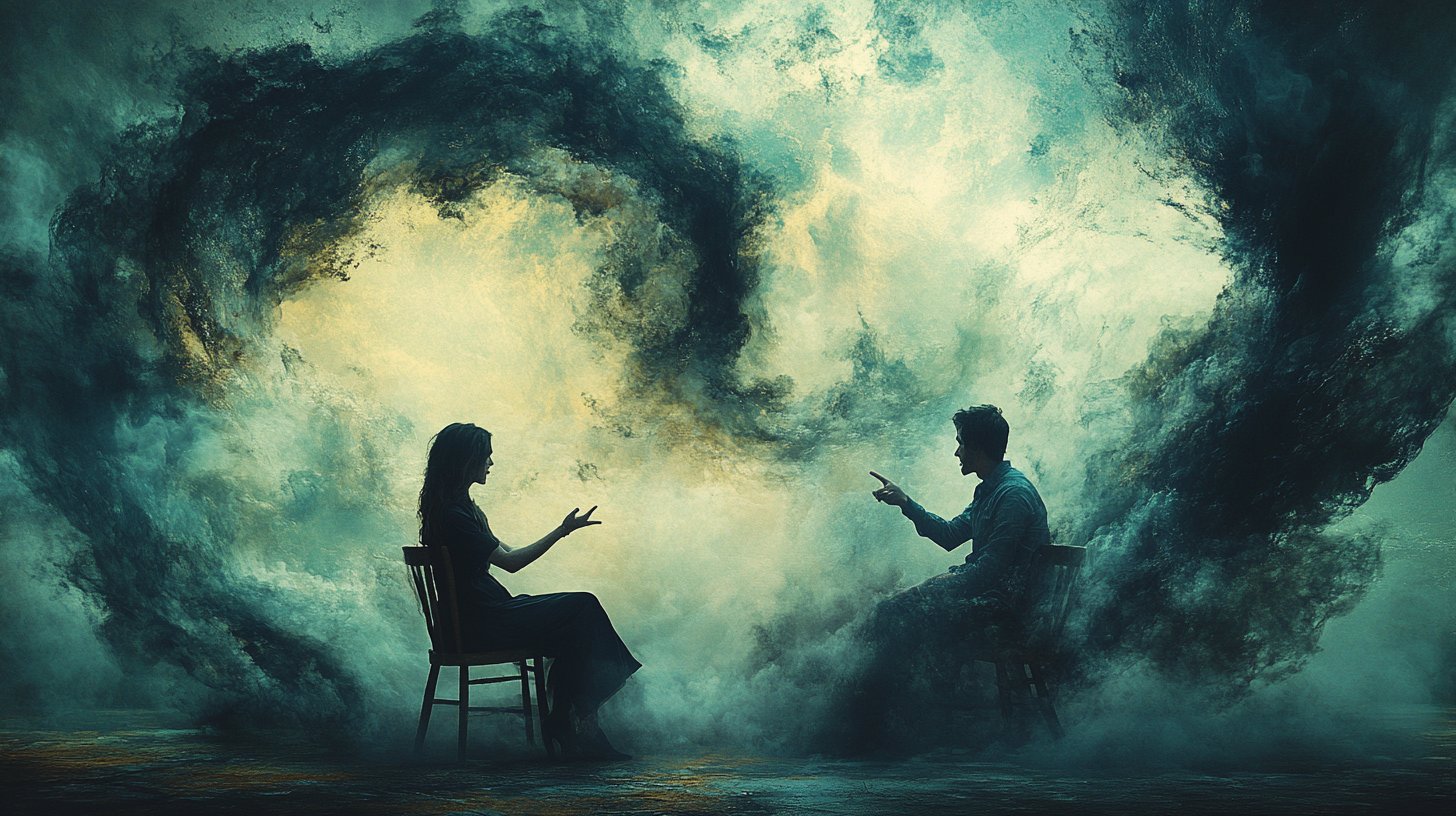 Zwei Personen im angespannten Dialog, umgeben von Schuld und Konflikt.