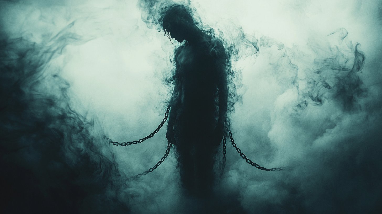 Eine Person gefangen in dunklen Rauchketten, symbolisiert emotionale Erpressung.