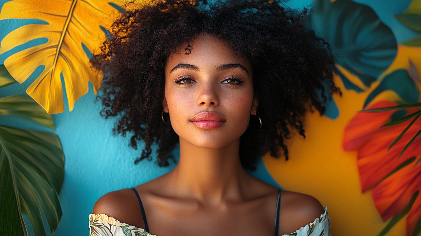 Una donna sicura di sé è circondata da affermazioni e colori vivaci.