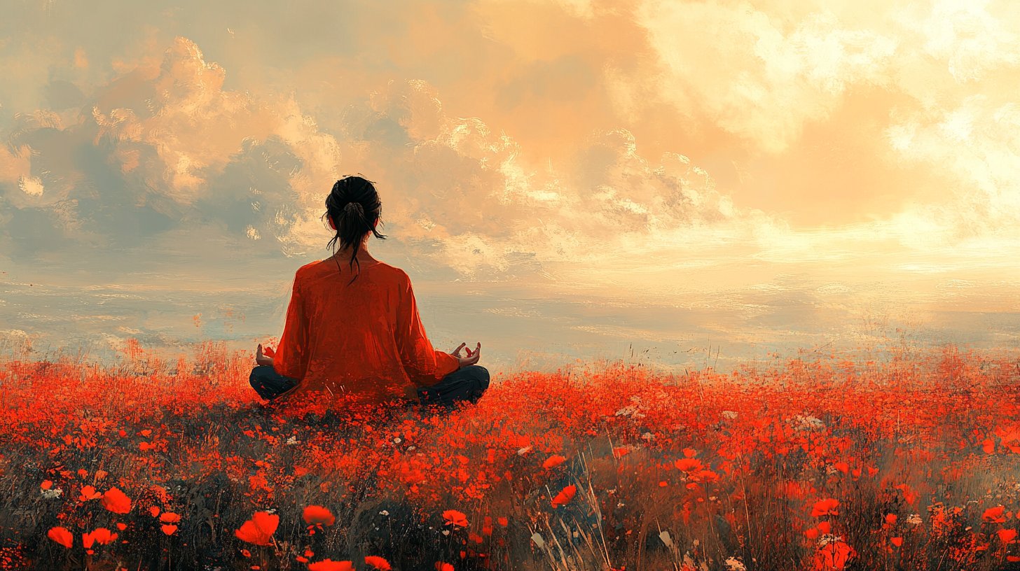 Una donna pratica la consapevolezza in un paesaggio sereno.